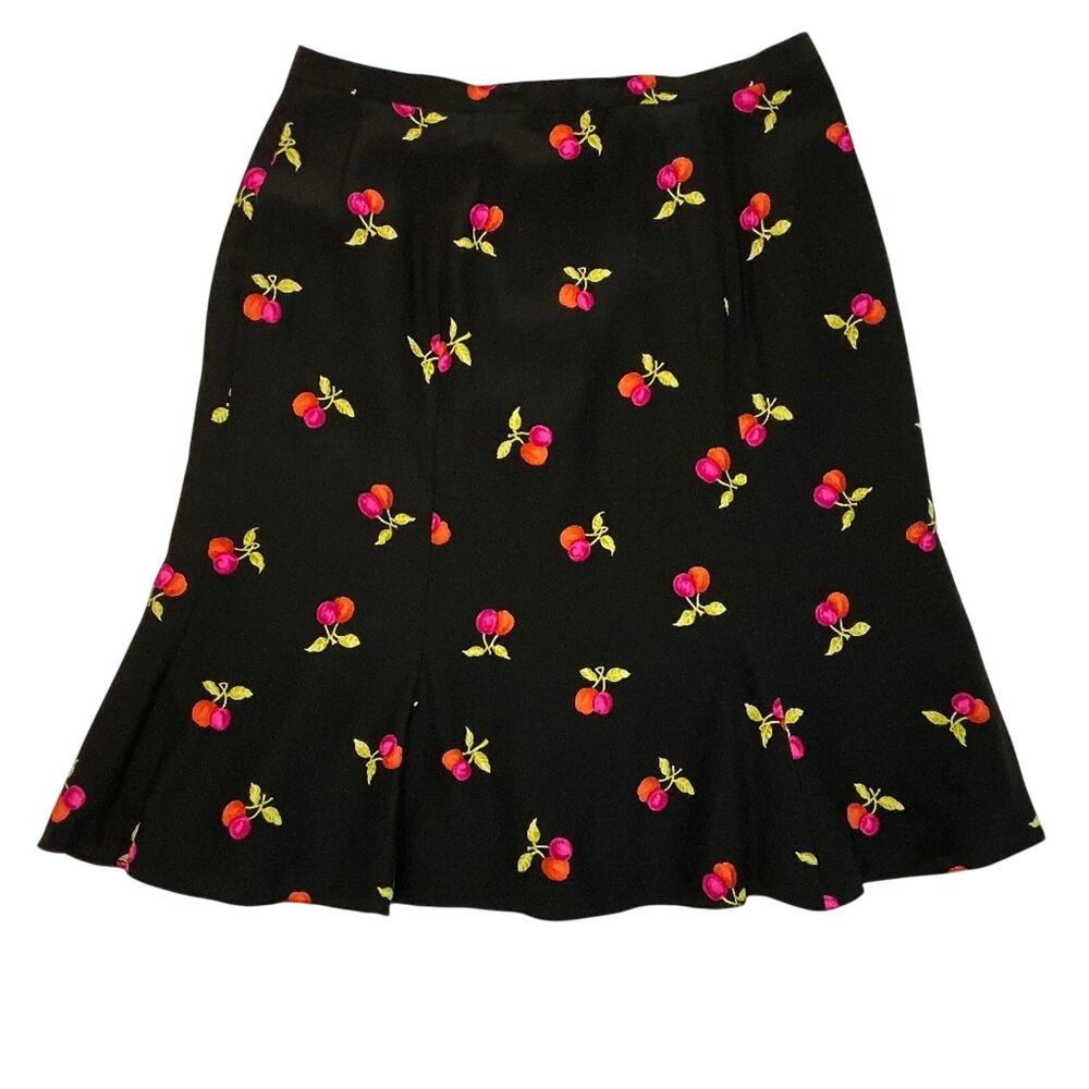 Dana Buchman Petites Silk Cherry Print Skirt 10P Black A-Line Vintage Y2K